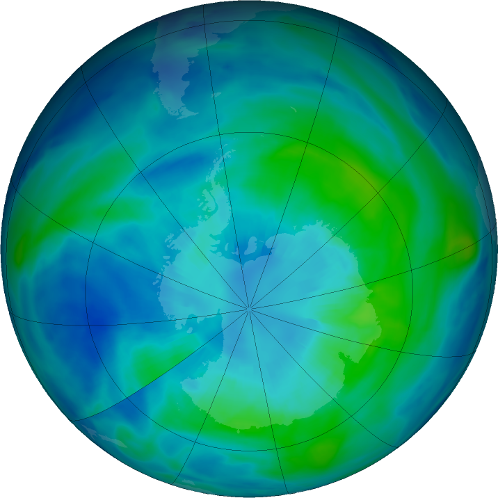 Antarctic ozone map for 01 April 2019